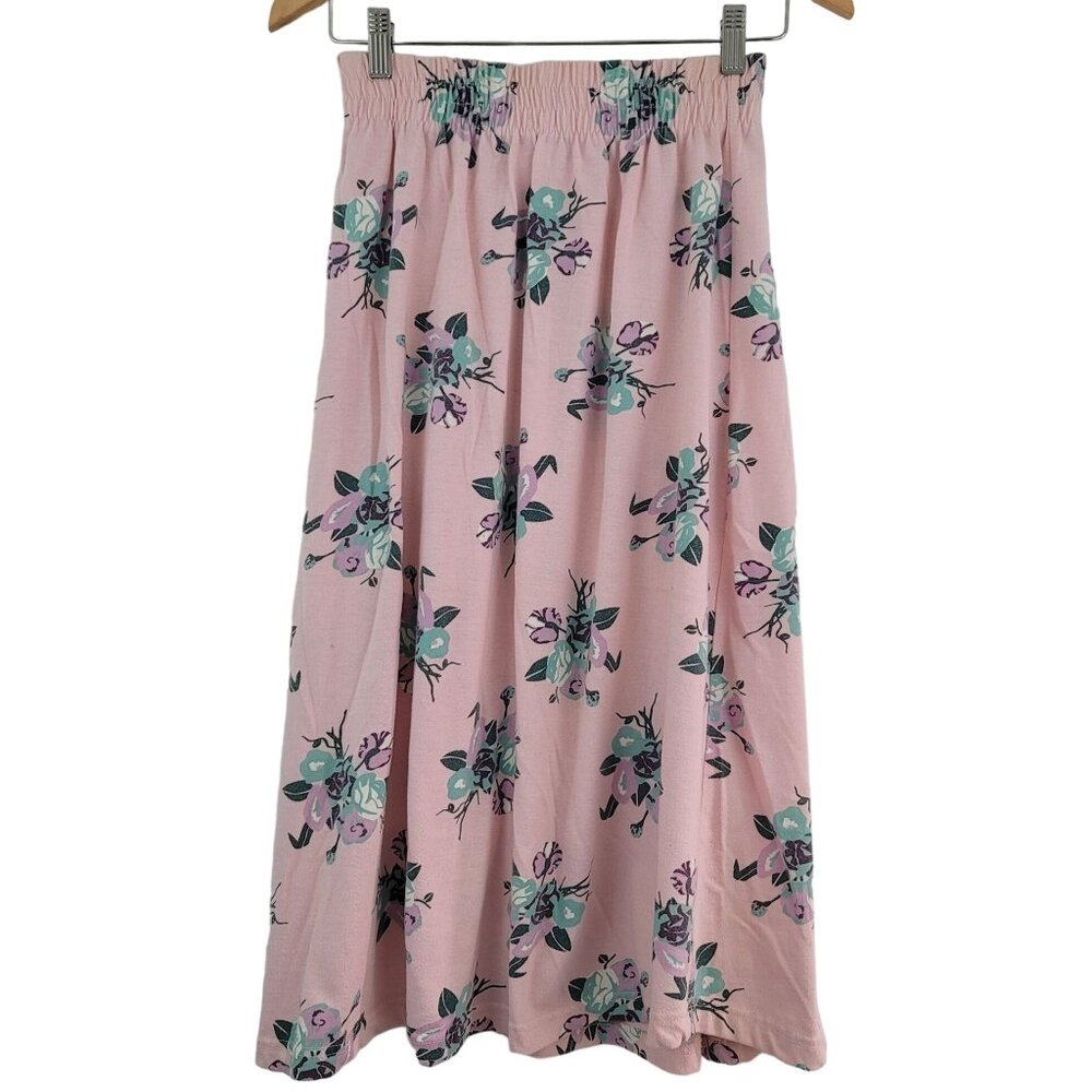 Vintage Gina Peters Midi Skirt Sz S Pink Floral Elastic Waist Casual Summer USA